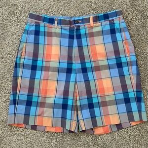 EUC Brooks Brothers Golf Shorts 35 Orange Blue Plaid Preppy Bermuda Golfer Men